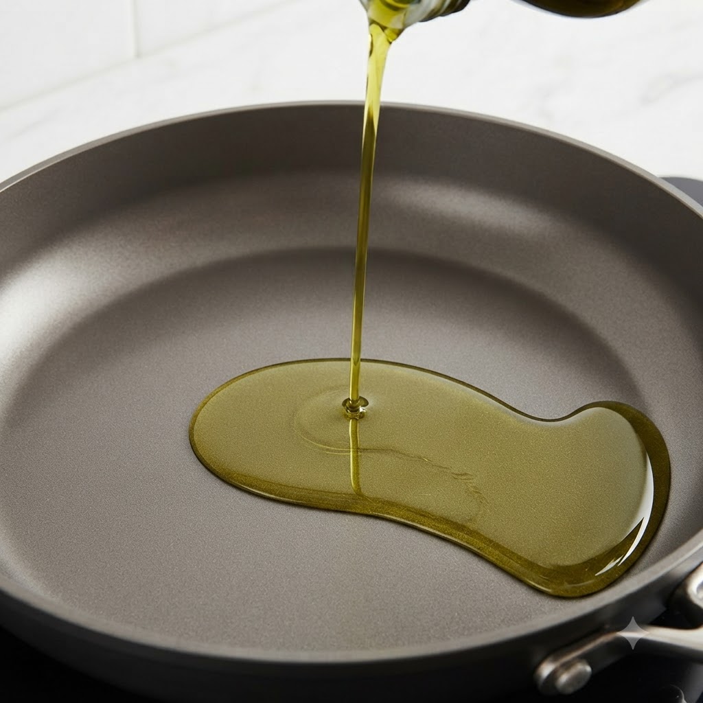 Olio doliva versato da una bottiglia al centro di una padella riscaldata.