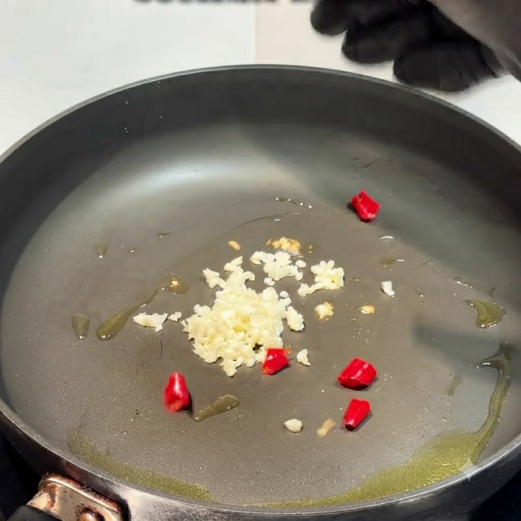 Aglio tritato e peperoncini rossi sminuzzati sparsi su una padella unta dolio.