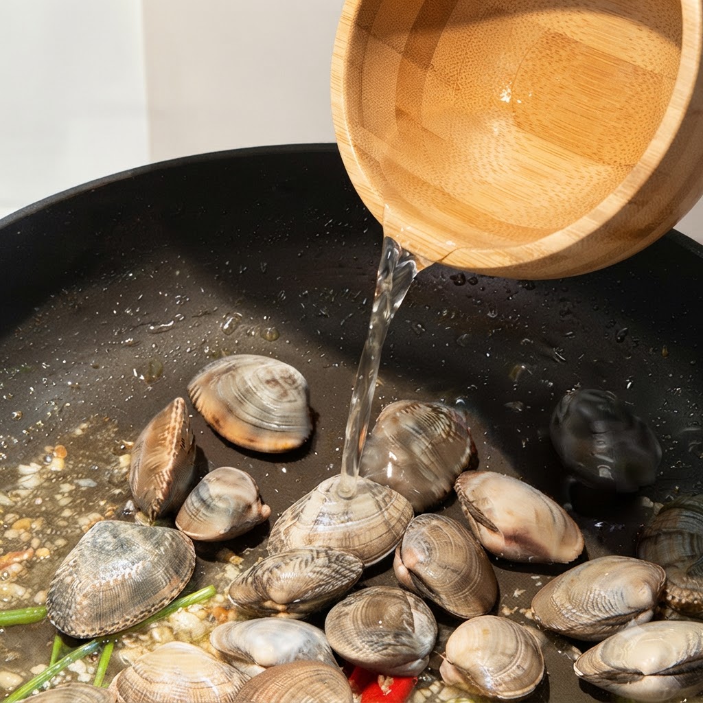 Vino bianco versato da una ciotola sopra le vongole in una padella.