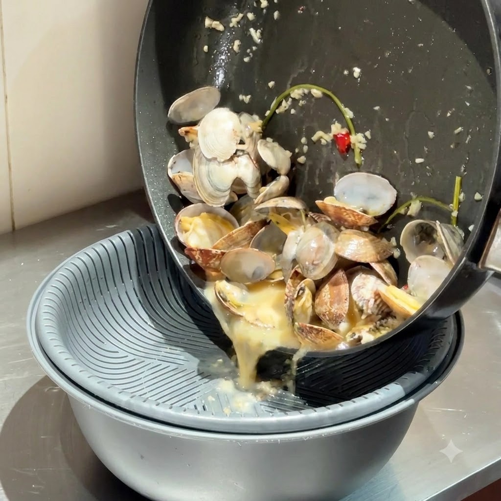 Brodo e vongole versati da una padella attraverso un colino in una ciotola.