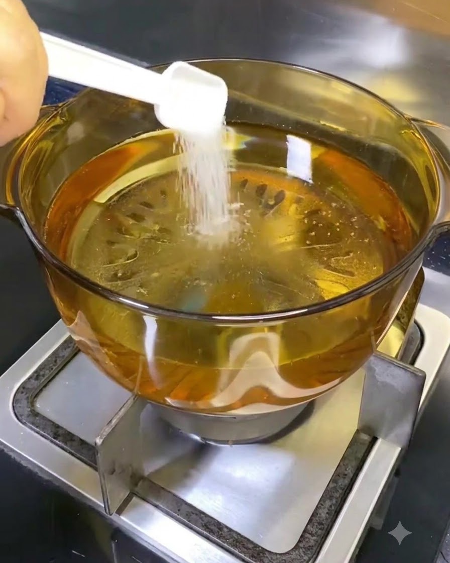 Una pentola trasparente su un fuoco contenente acqua in cui viene versato del sale bianco da un cucchiaio dosatore bianco.