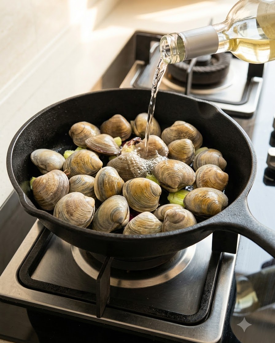 Vino bianco versato da una bottiglia in una padella di ghisa riempita con vongole fresche e verdure.