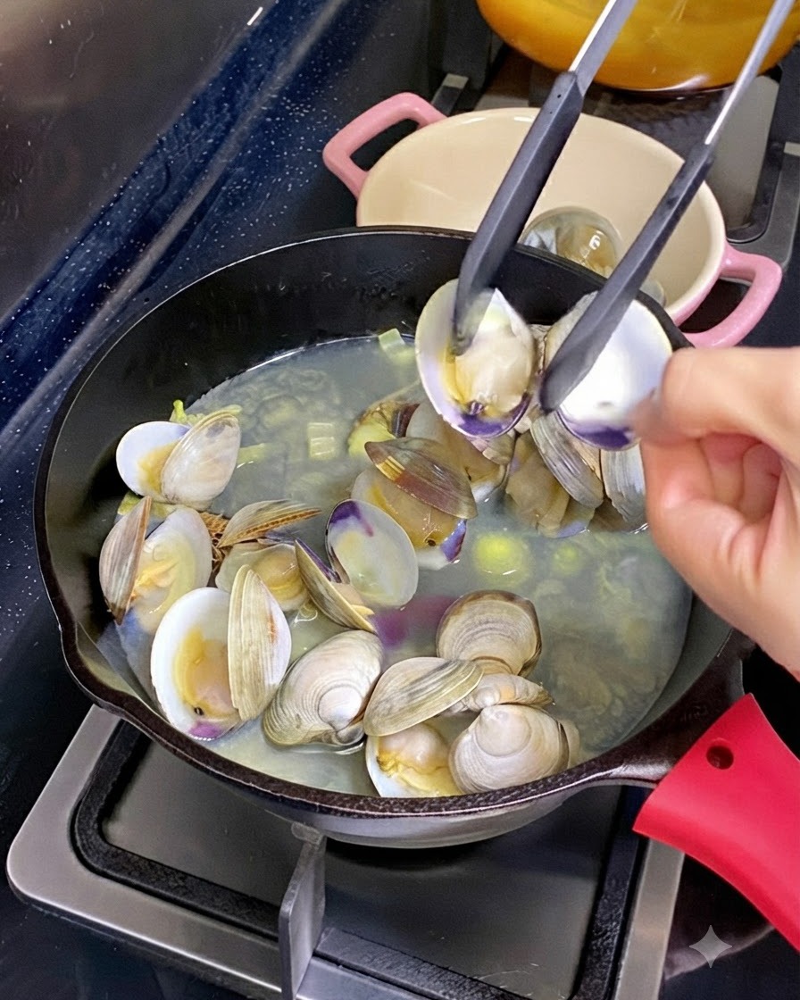 Un paio di pinze da cucina che tengono aperto un guscio di vongola con la carne cotta allinterno, sopra una padella di vongole e brodo che sobbollono.