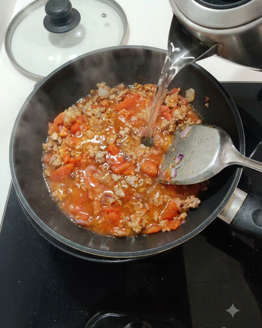 Acqua pulita versata da un bollitore argentato in una padella con pomodori e carne.