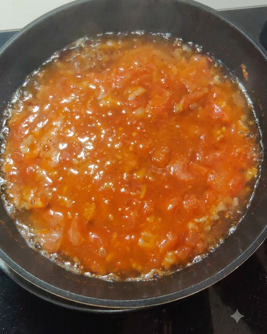 Un denso sugo rosso che sobbolle e fa le bolle allinterno di una padella sui fornelli.
