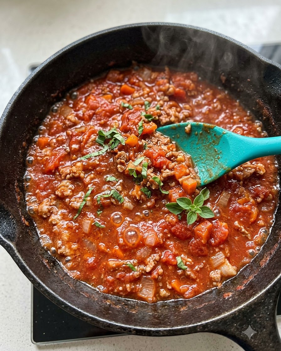 Un mestolo che raccoglie il denso sugo di carne e pomodoro caldo sopra un letto di spaghetti cotti in un piatto bianco.