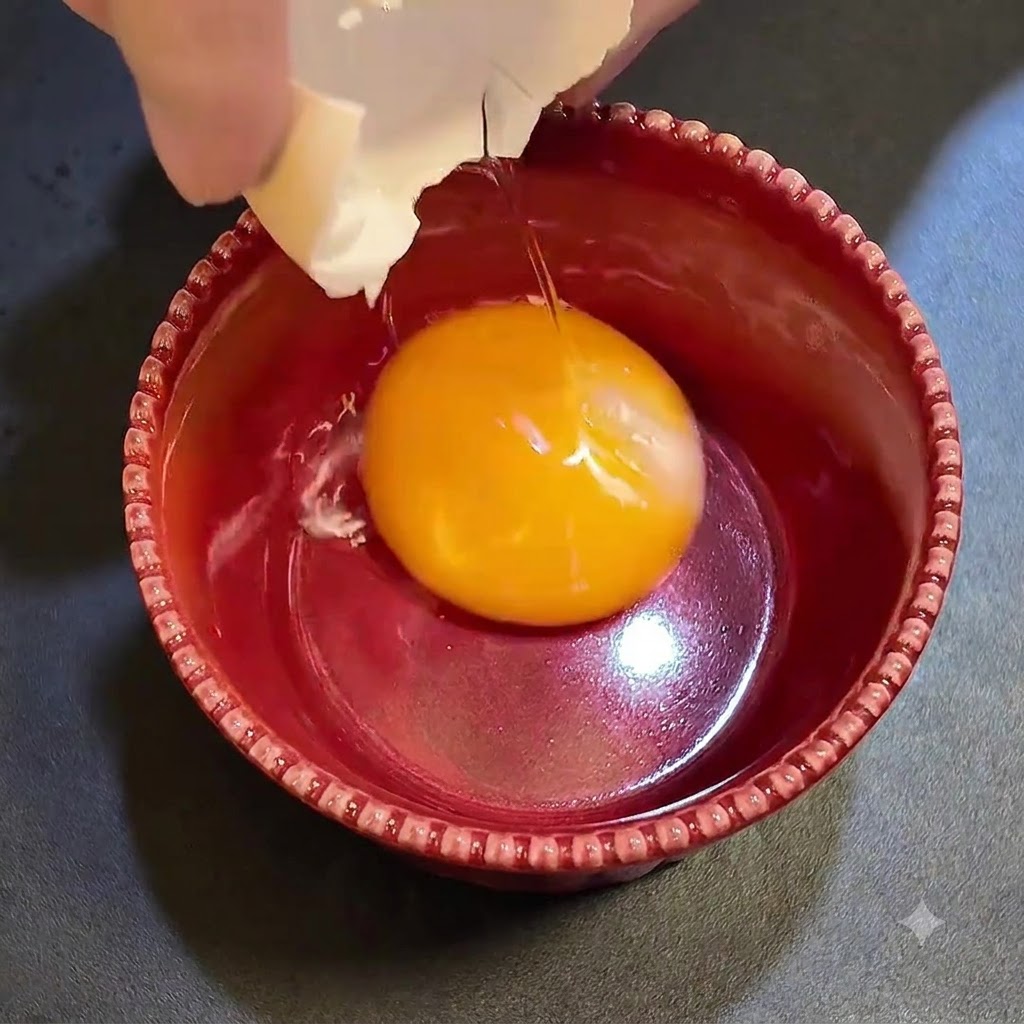 Un tuorlo duovo sterile in una ciotola rossa mentre viene unito al parmigiano e alla salsa di tartufo nero.