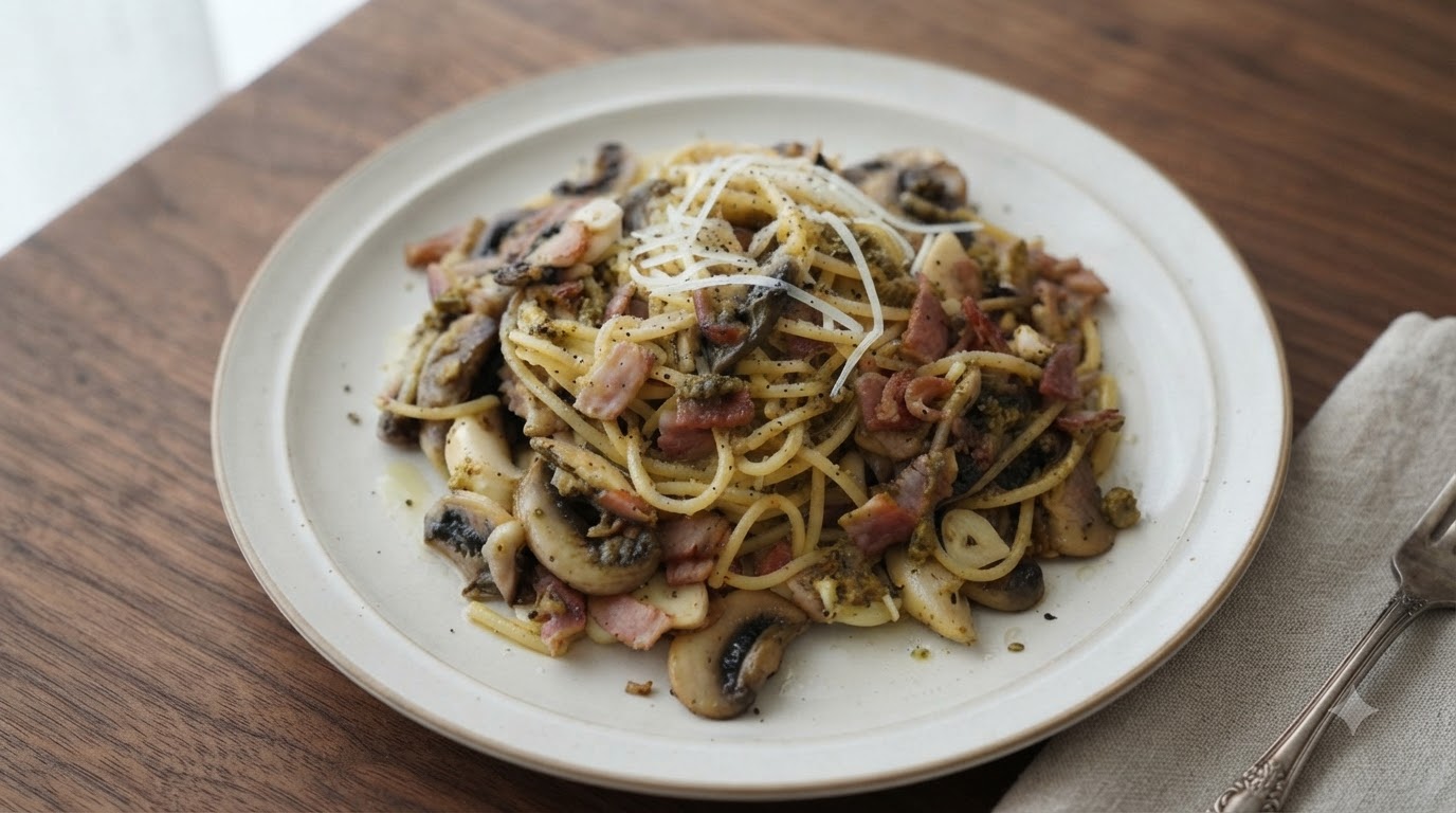Pasta ai Funghi e Tartufo Ricca con Pancetta
