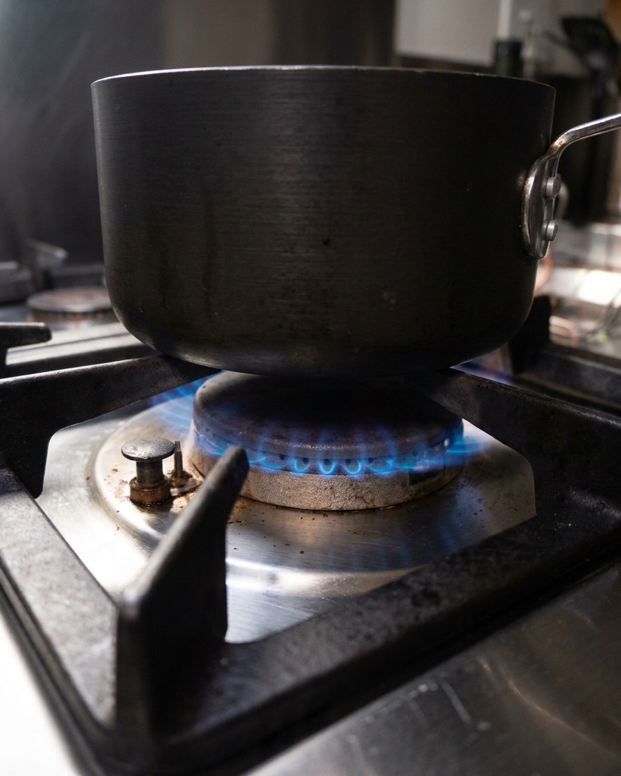 Un piccolo contenitore che sparge pepe e noce moscata in una pentola di latte che si scalda sul fuoco.
