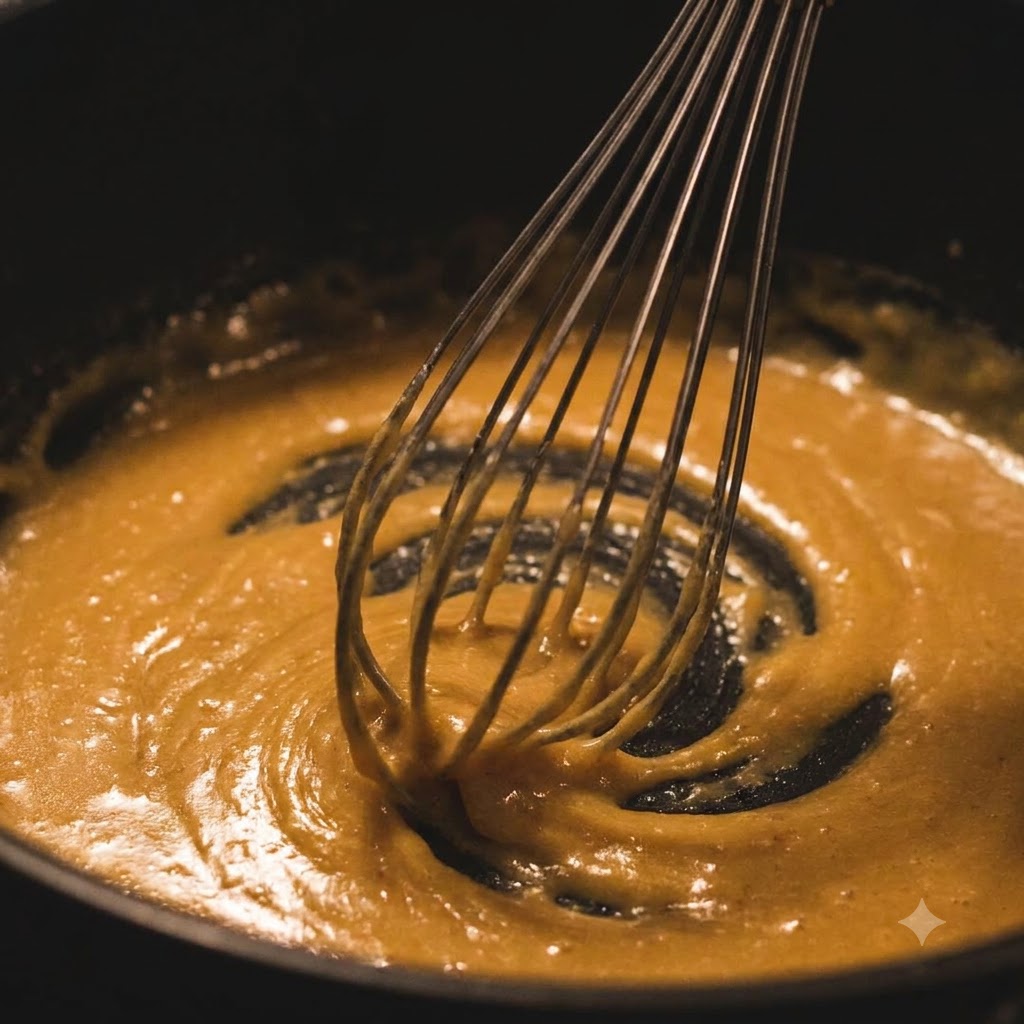 Una frusta che mescola una pasta dorata di burro e farina in una padella.