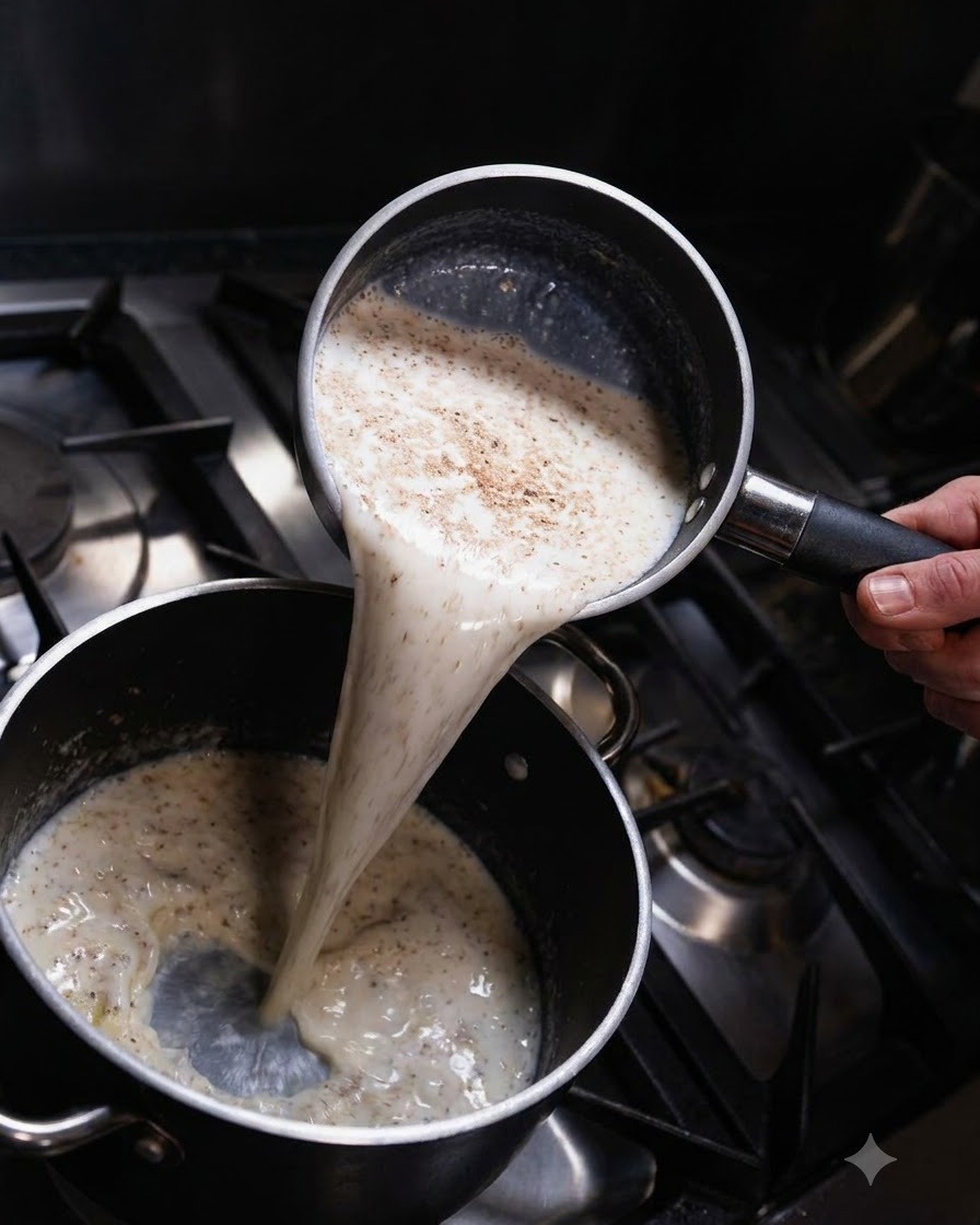 Latte riscaldato versato da un pentolino in una padella contenente il roux, amalgamandosi in un composto cremoso.