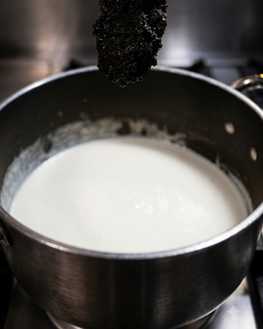 Un cucchiaio di pasta di tartufo nero scuro tenuto sopra una pentola di salsa bianca.