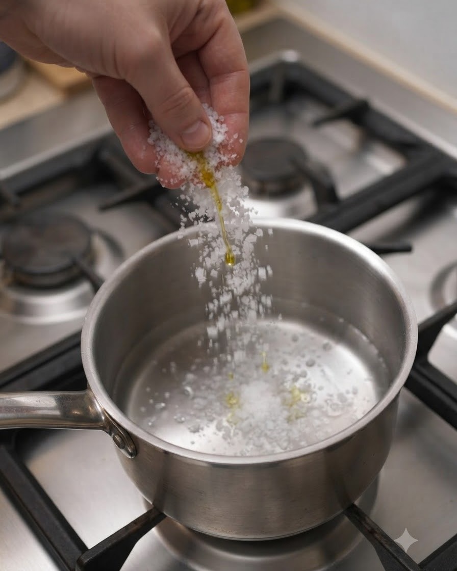 Sale e olio cosparsi in una pentola di acqua bollente su un piano cottura a gas.