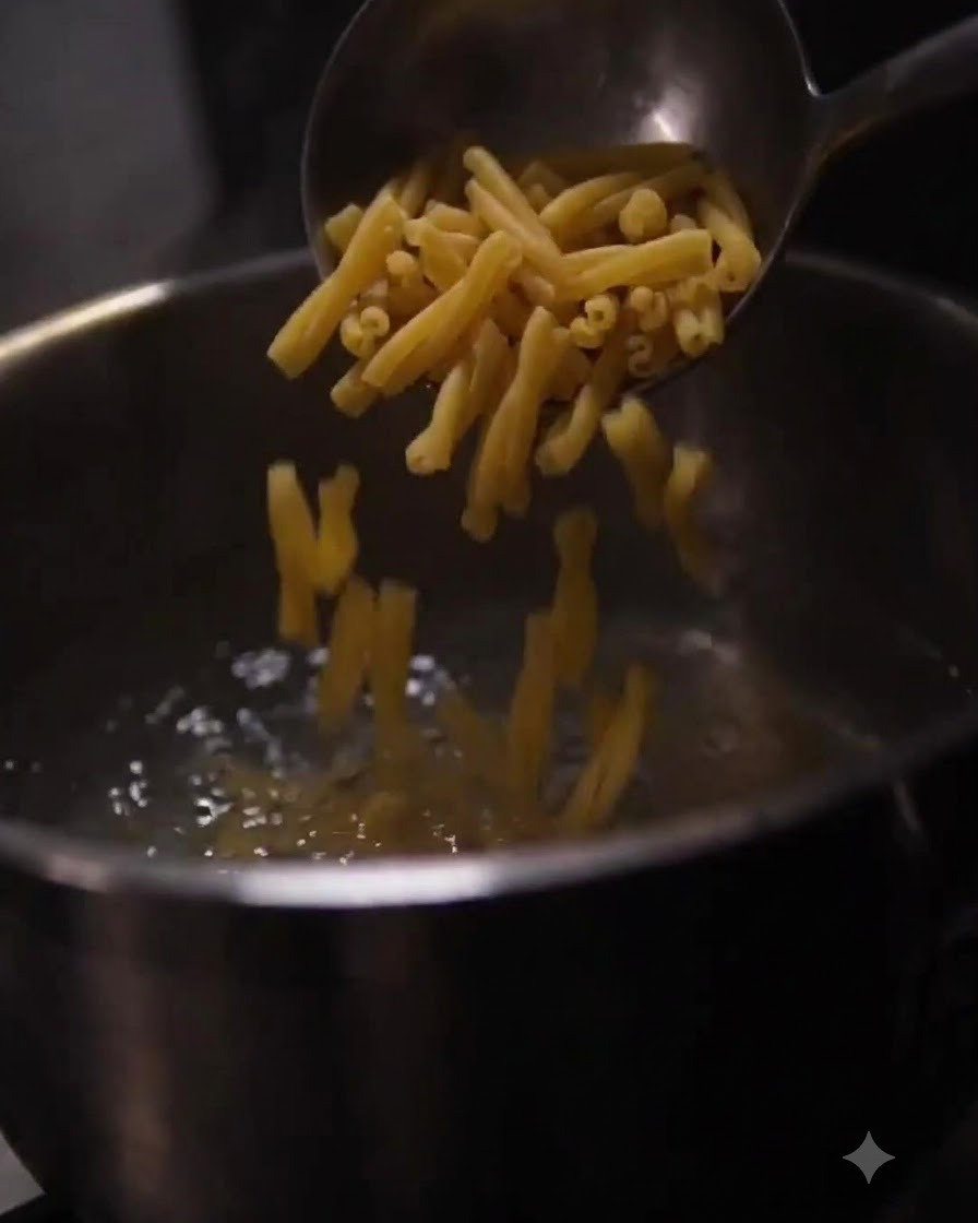 Maccheroni che scivolano da un mestolo nellacqua bollente di una pentola.