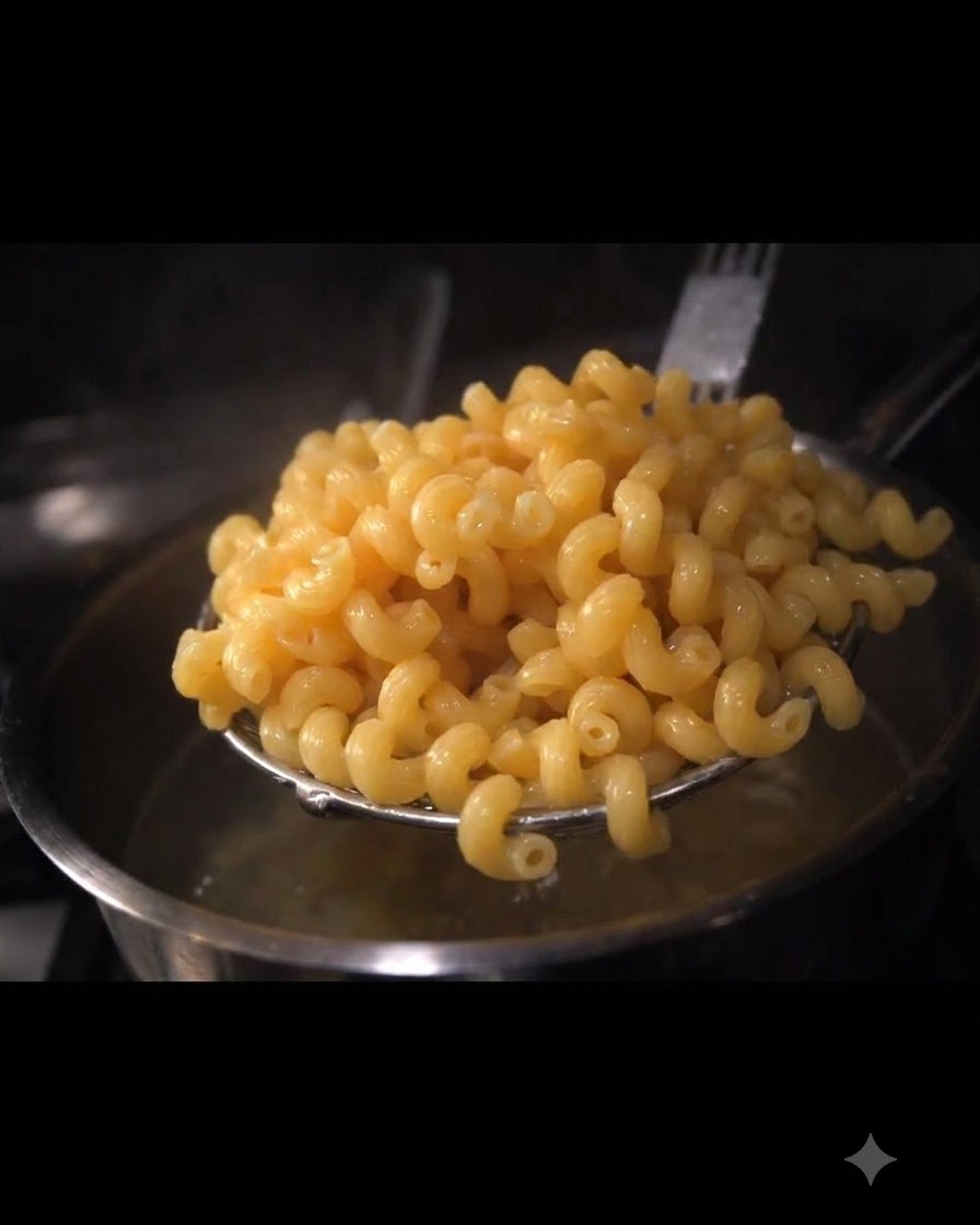 Un colino a rete pieno di maccheroni cotti e lucidi tenuto sopra una pentola dacqua.