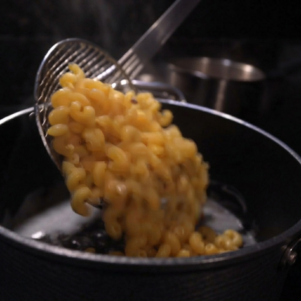 Maccheroni cotti versati da un colino in una pentola scura piena di salsa densa.