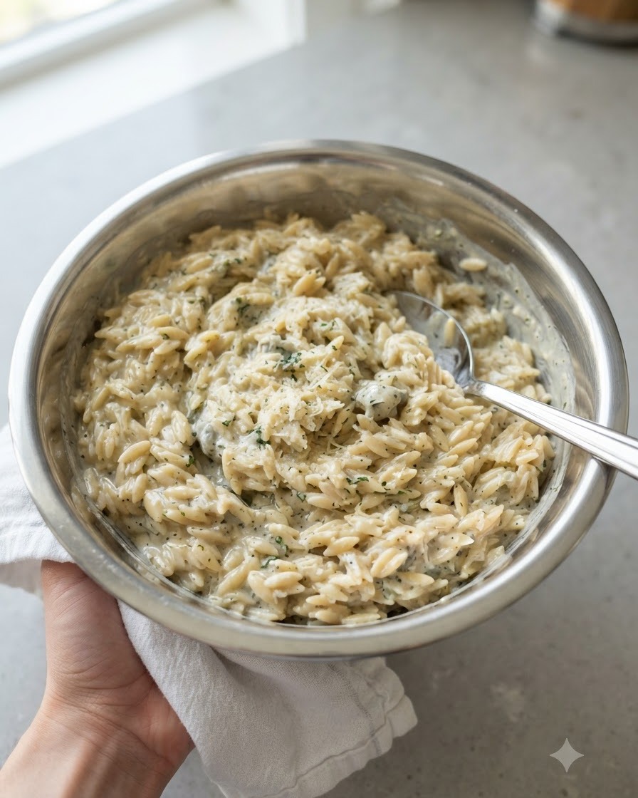 Un mestolo che raccoglie maccheroni cremosi da una ciotola in acciaio inossidabile a una teglia da forno.