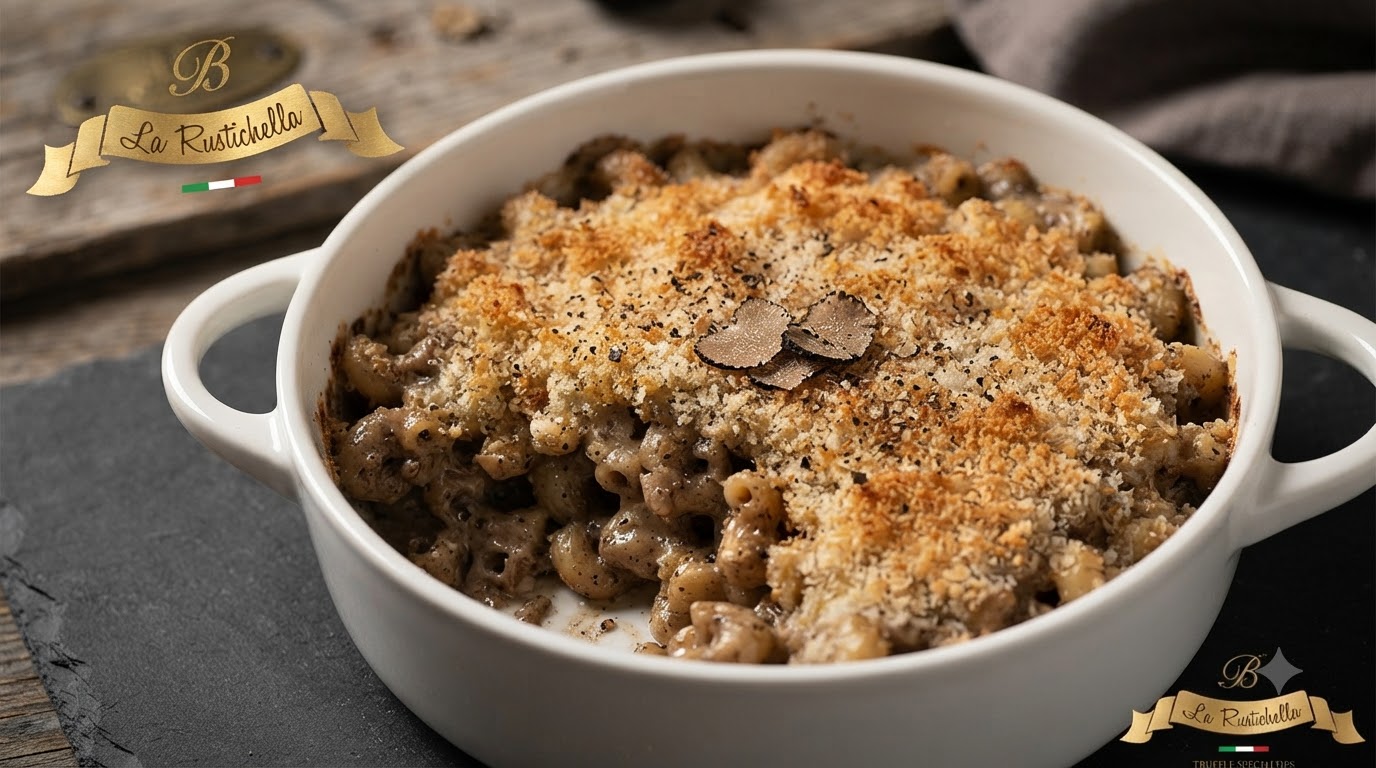 Maccheroni al formaggio e tartufo al forno in una pirofila di ceramica bianca con crosticina di pangrattato dorato e fette di tartufo nero fresco