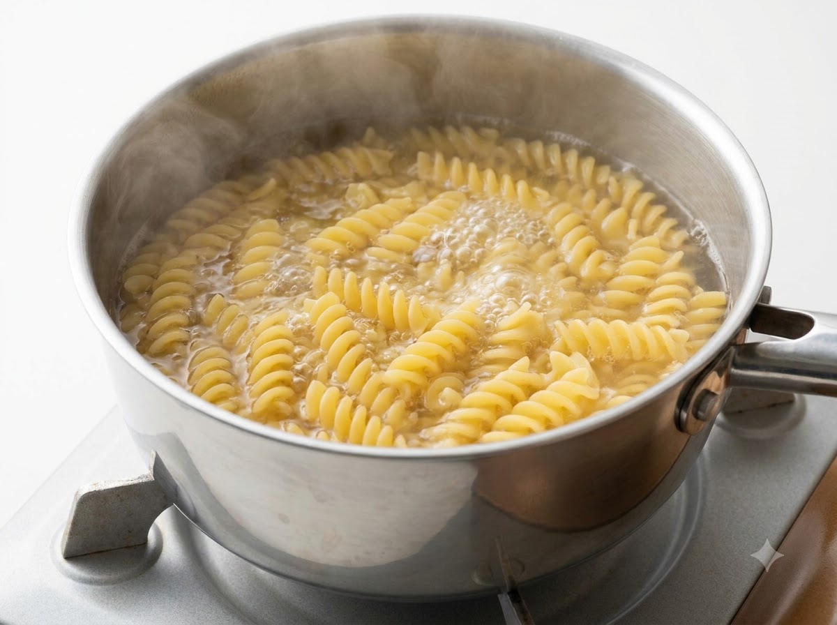 Pasta fusilli che bolle in una pentola di acciaio inossidabile con acqua calda e vapore che sale dalla superficie.