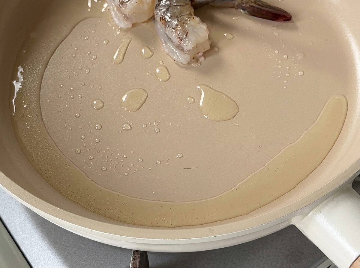 Olio caldo che frigge in una padella poco profonda con un paio di pezzi di gambero che iniziano a cuocere.