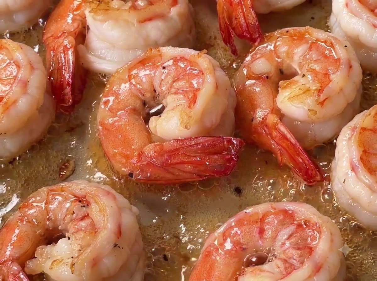 Pasta fusilli cotta che viene fatta saltare in una padella con gamberi appena fritti.