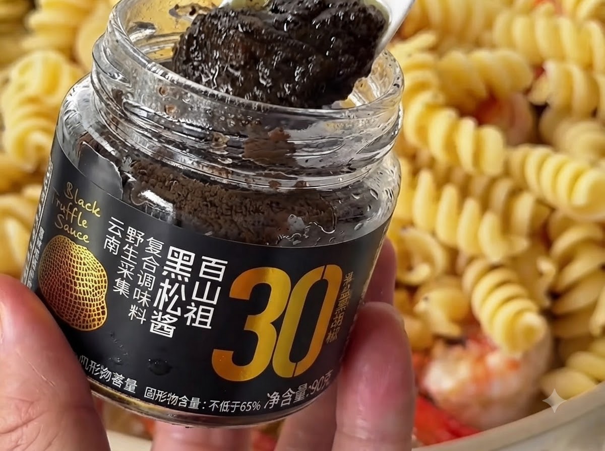 Un cucchiaio bianco che tiene la pasta di tartufo nero sopra un barattolo, con il composto di pasta e gamberi visibile sullo sfondo.