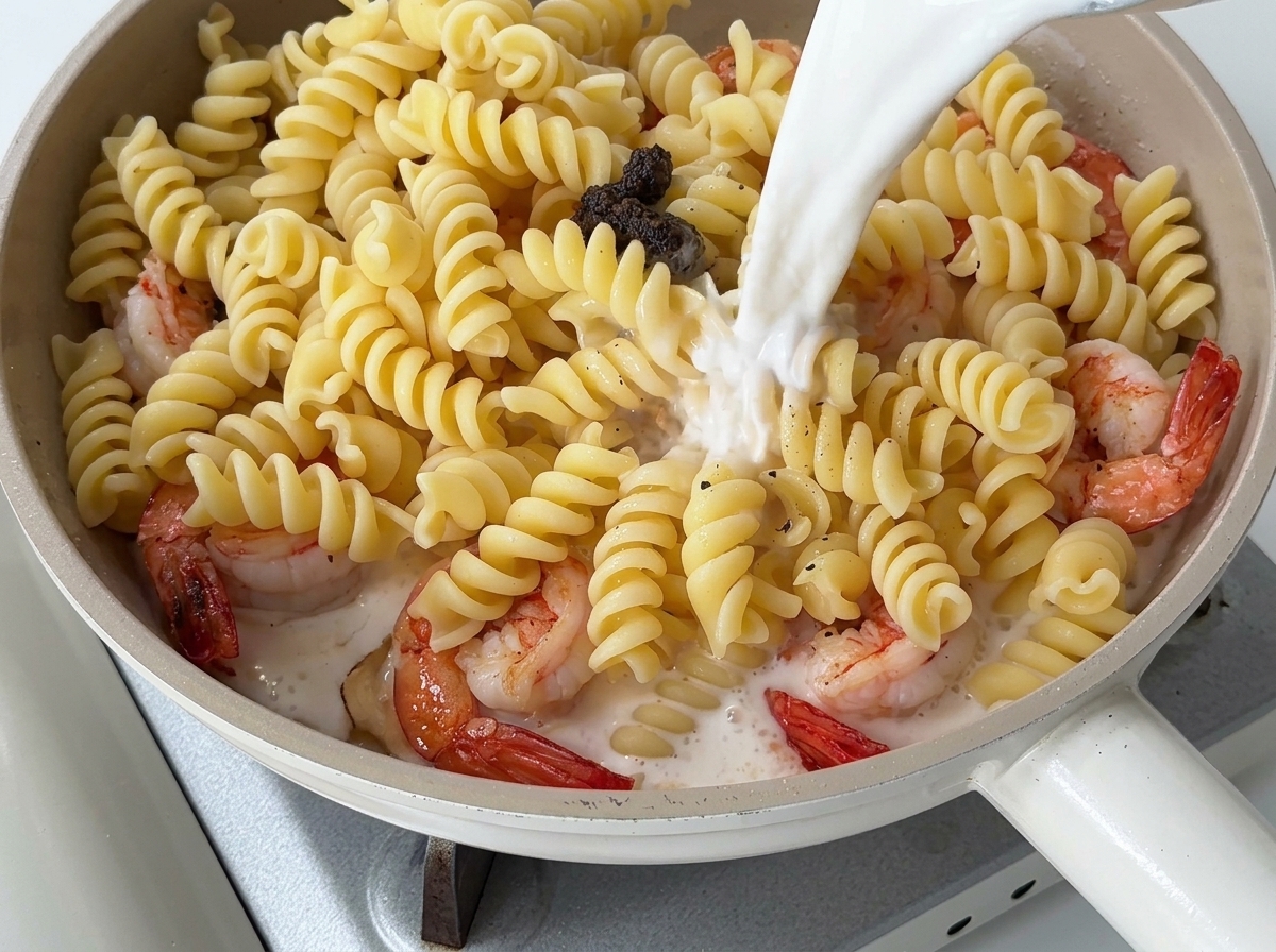 Latte e panna fresca versati da una brocca in una padella piena di pasta, gamberi e pasta di tartufo.