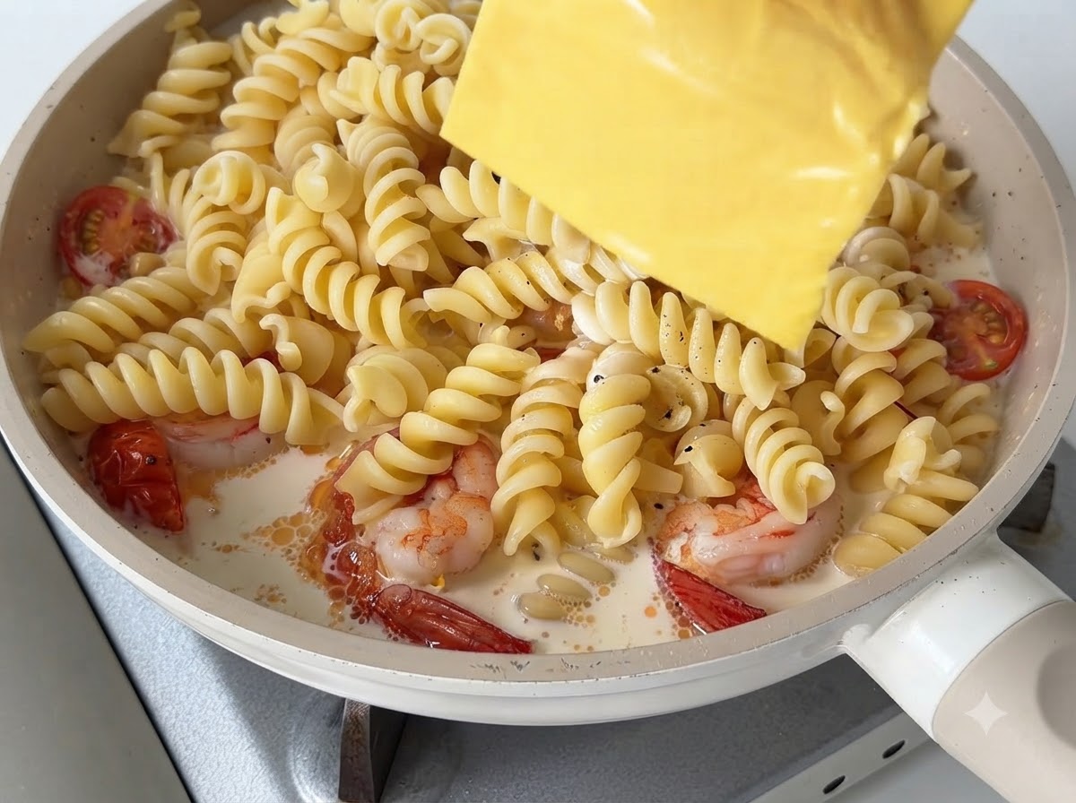 Una fetta quadrata di formaggio giallo posata sopra la pasta cremosa in una padella.