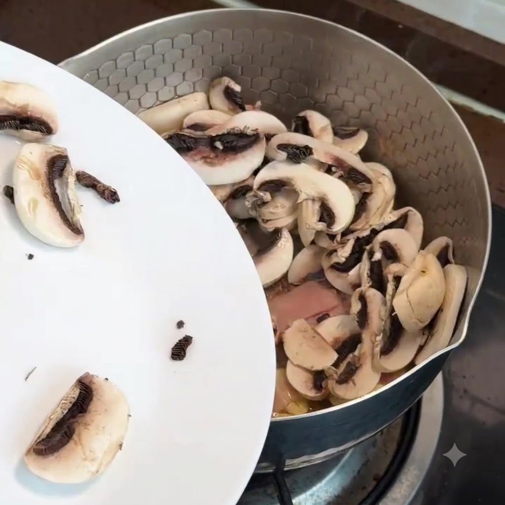 Funghi affettati versati da un piatto bianco in una padella contenente pancetta e aglio.