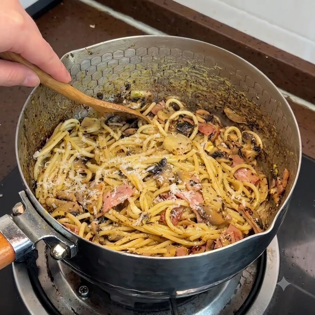Formaggio fresco grattugiato direttamente sulla pasta calda mescolata con funghi e pancetta in una pentola.