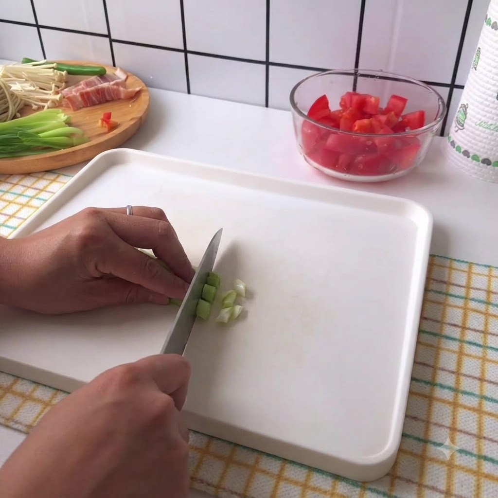 Mani che tagliano con cura i cipollotti su un tagliere bianco.