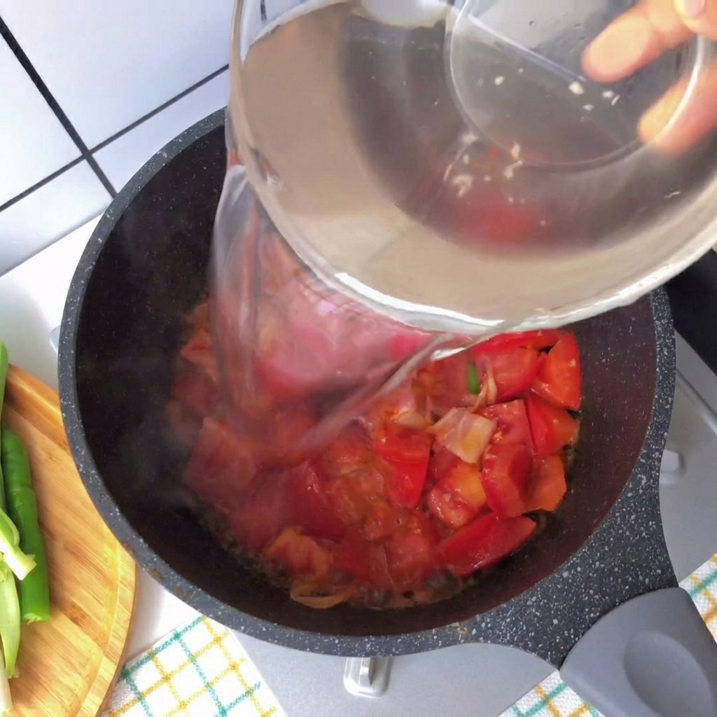 Acqua limpida versata da una ciotola di vetro in una pentola con pomodori e pancetta.