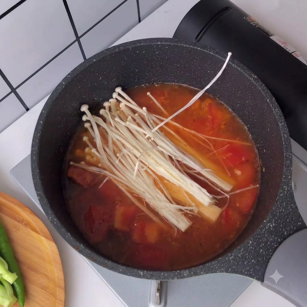 Funghi enoki freschi posti in un brodo di pomodoro rosso bollente.