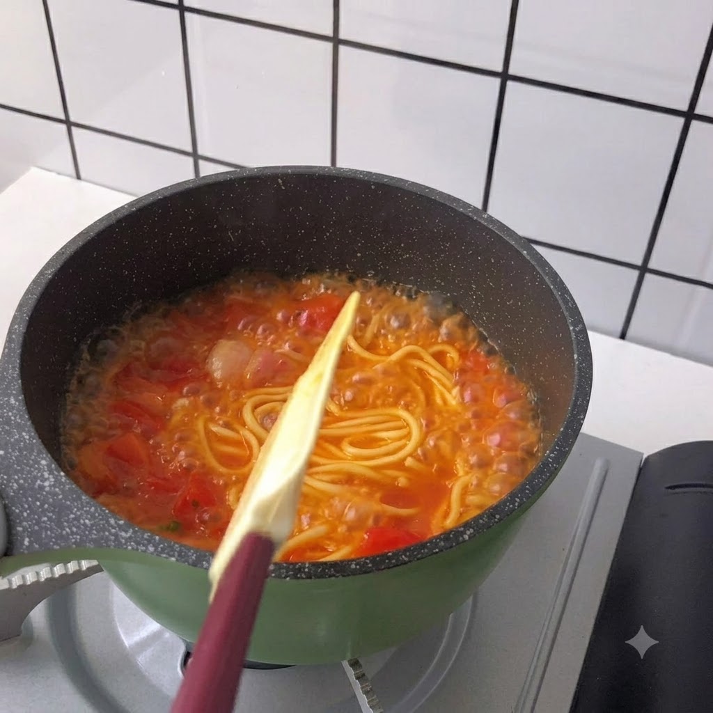 Mescolare noodles lunghi in un brodo rosso bollente usando una spatola.