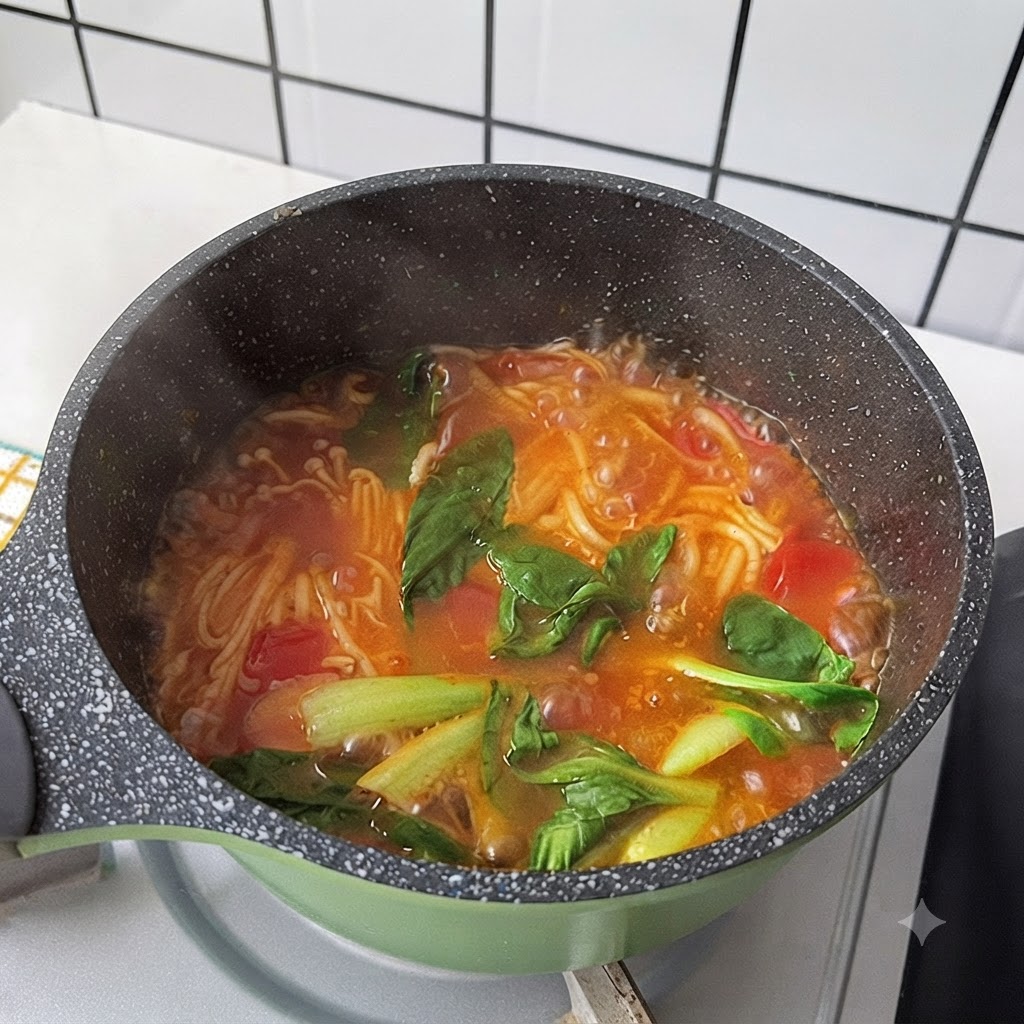 Foglie di bok choy e coriandolo che appassiscono in una pentola di zuppa di noodles calda.