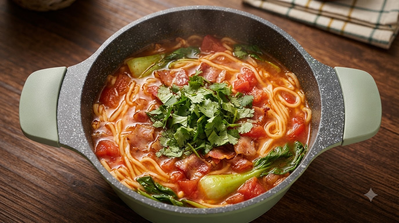 Zuppa di Noodles Veloce con Pomodoro e Pancetta