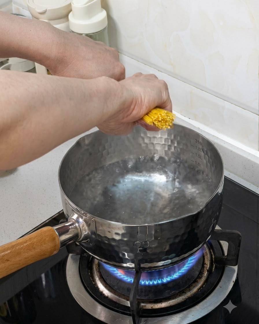 Un mazzo di spaghetti calato in una pentola di acqua bollente su un fornello a gas.