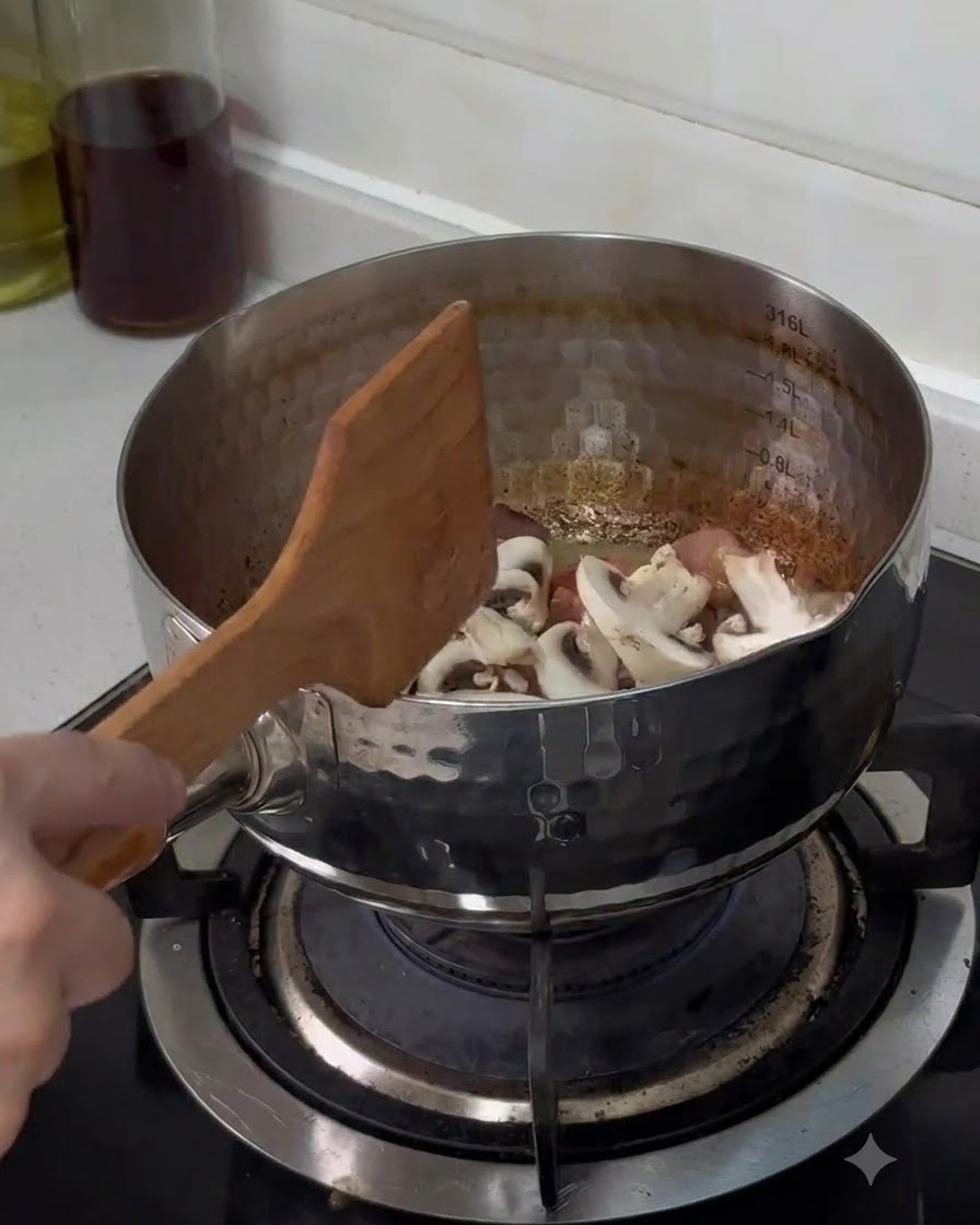 Funghi champignon appena affettati lasciati cadere nella pentola di acciaio inossidabile e mescolati con una spatola di legno.