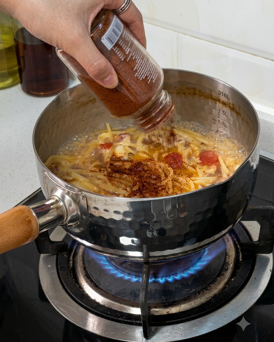 Spezie in polvere versate da un barattolo di vetro in una pentola con pasta e sugo in ebollizione.