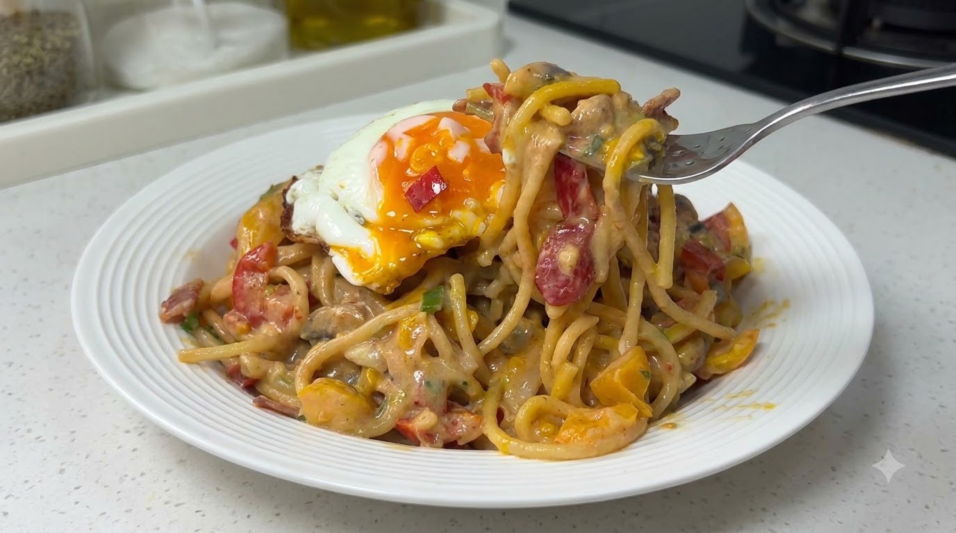 Pasta Cremosa con Peperoni Colorati e Pancetta