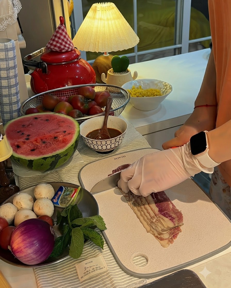 Strisce di pancetta tagliate a pezzi più piccoli su un tagliere con un coltello.
