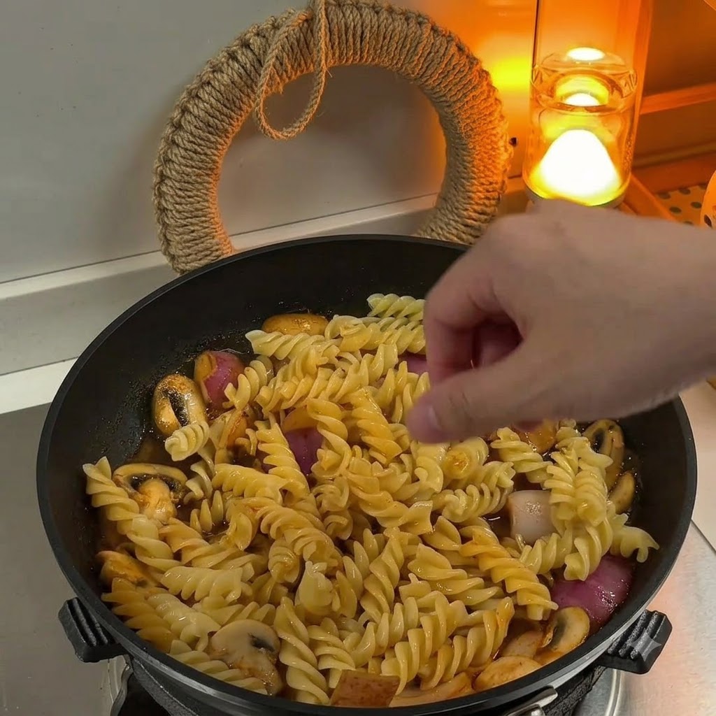 Pomodorini tagliati a metà e panna da cucina aggiunti alla padella di pasta.