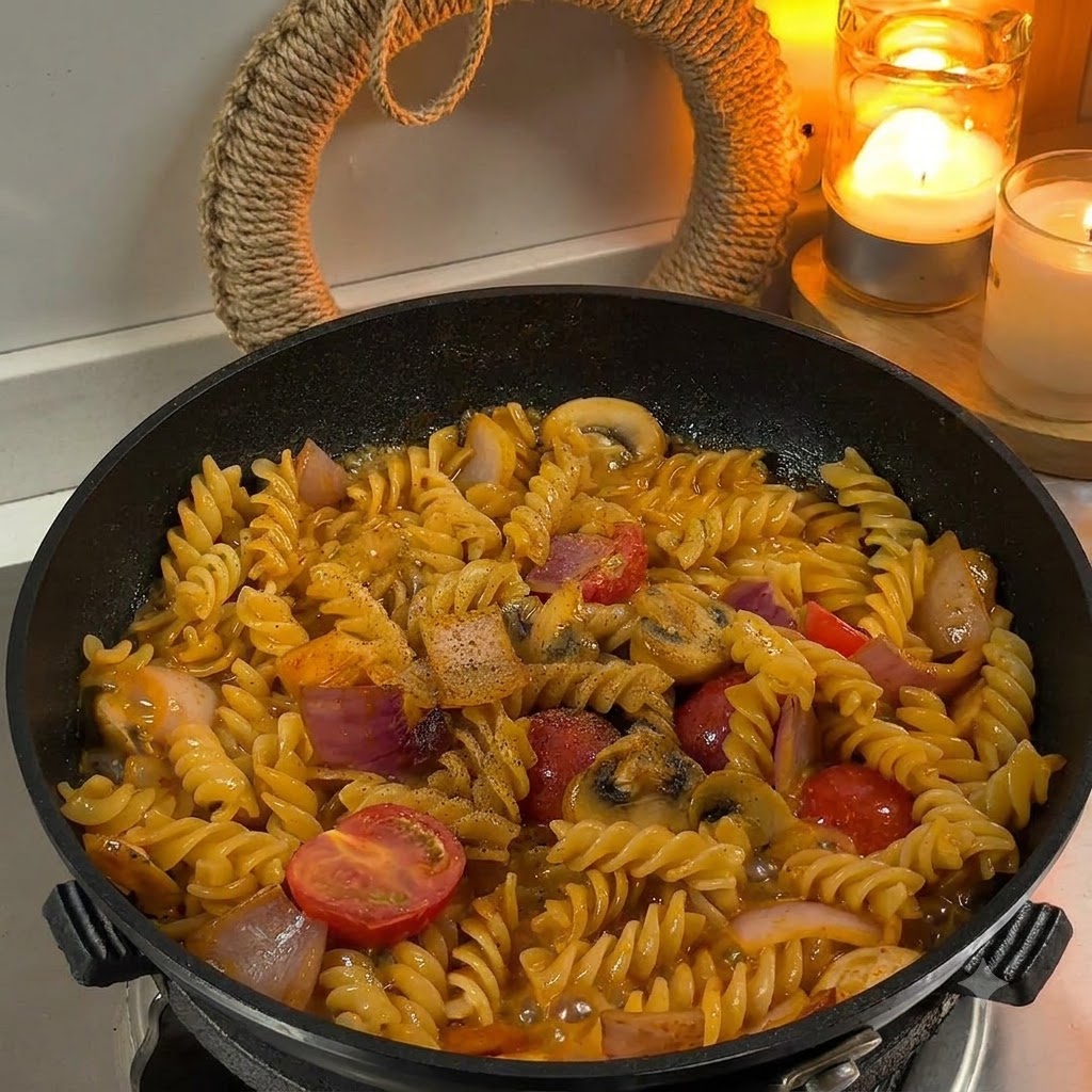 Pepe nero e prezzemolo essiccato cosparsi sulla pasta nella padella.