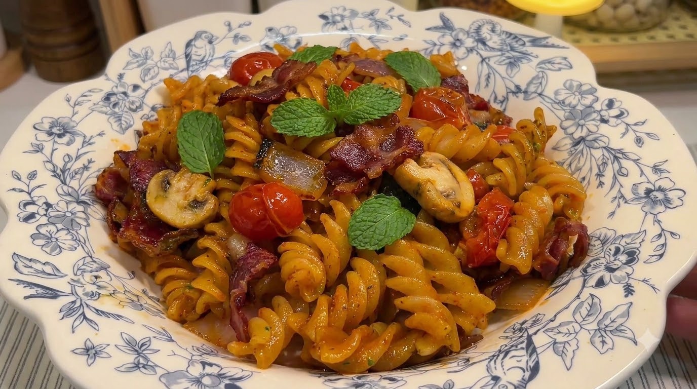 Un piatto di pasta fusilli condita con una salsa in stile coreano con pancetta, funghi e pomodorini, guarnita con foglie di menta fresca