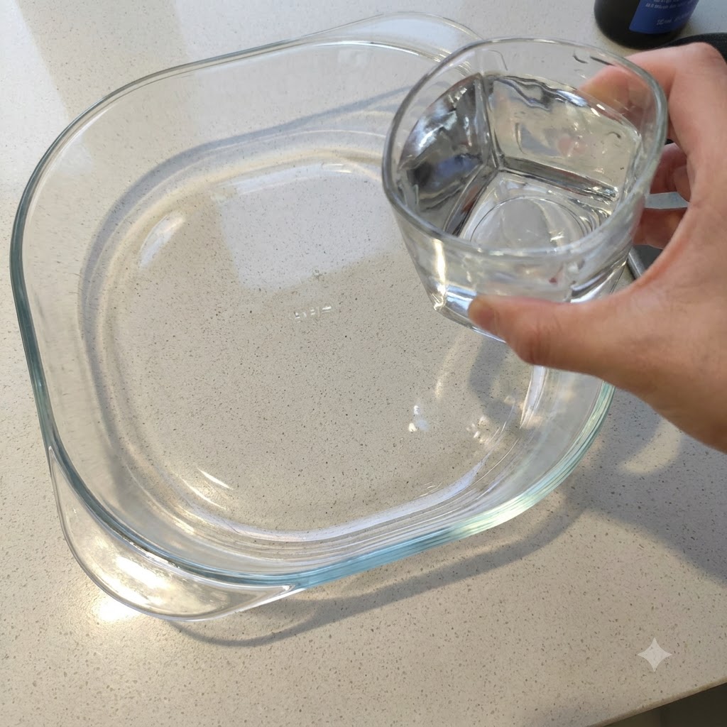 Una mano che versa acqua da un bicchiere in una ciotola di vetro trasparente.