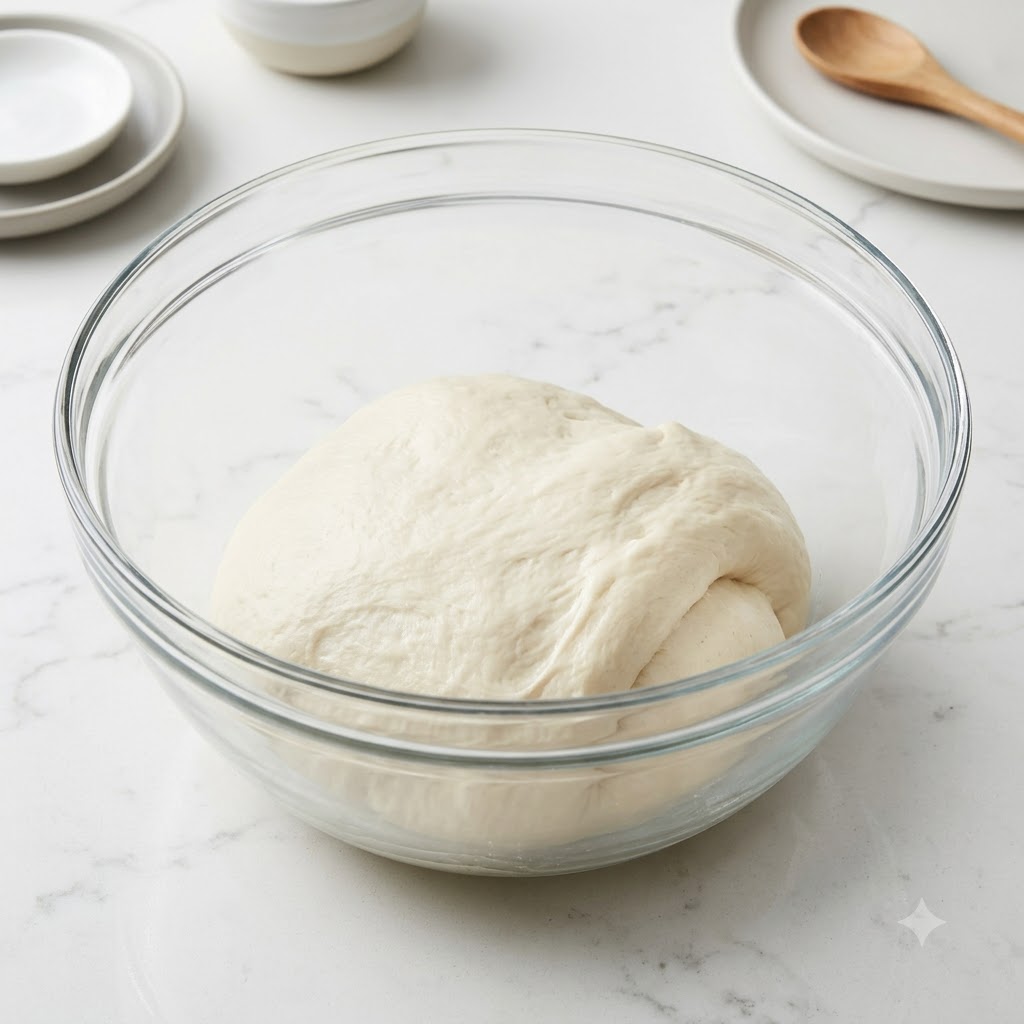 Una palla liscia di impasto per pizza adagiata in una ciotola di vetro trasparente su una superficie di marmo.