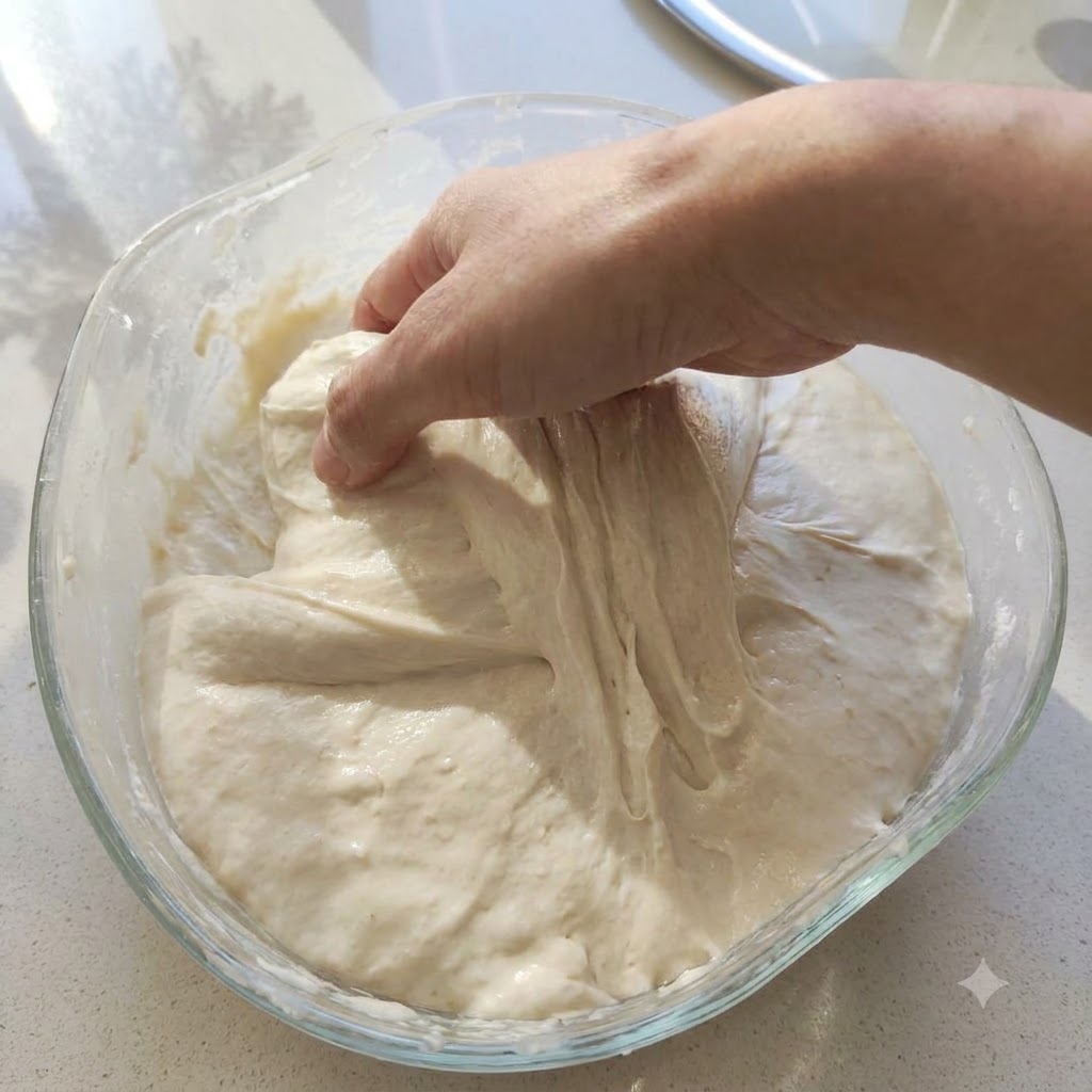 Una mano che afferra e allunga una porzione di impasto per pizza fermentato verso lalto allinterno di una ciotola di vetro.