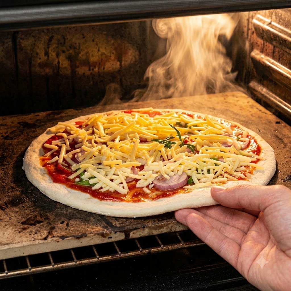 Una mano che inforna una pizza cruda e assemblata in un forno molto caldo con fiamme visibili sullo sfondo.
