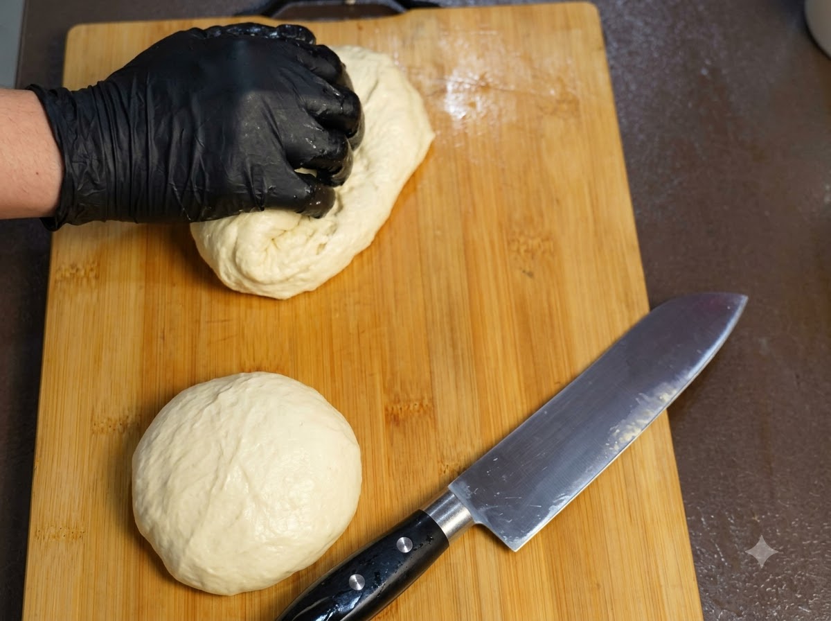 Una grande porzione di impasto morbido tagliata in sezioni più piccole su un tagliere di legno accanto a un coltello da chef.