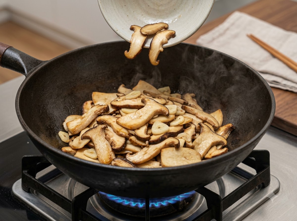 Funghi affettati versati da una ciotolina in un wok pieno di aglio sfrigolante.